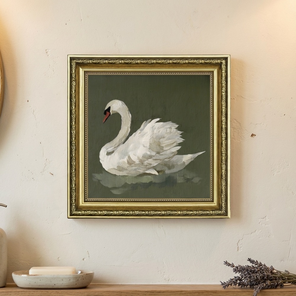 Framed Swan Art in Olive Green